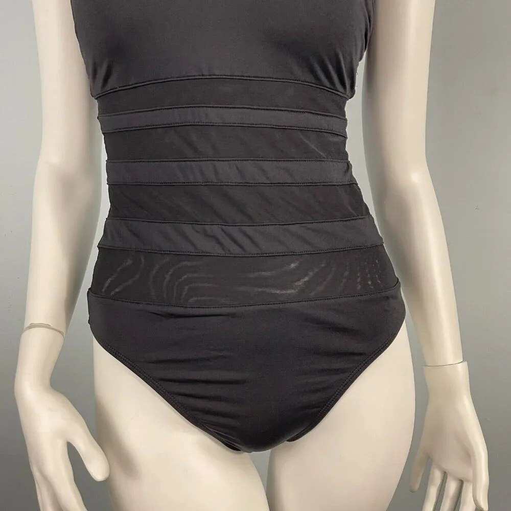 La Blanca‎ Halter Sheer Striped Slimming One Piece Swimwear Black Size 10
